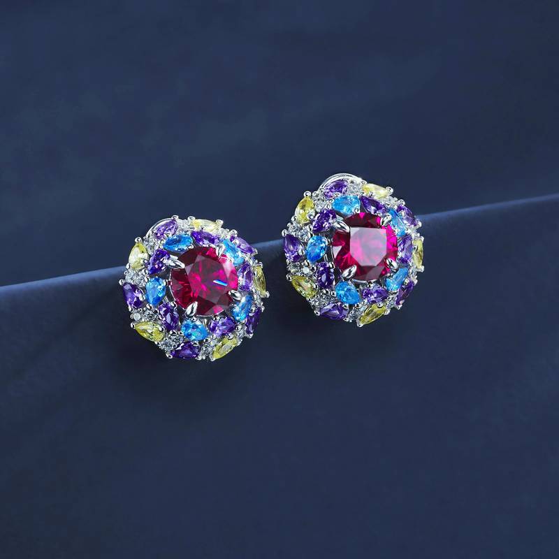 E1456R 圆形培育红宝石S925银镀白金耳环2.0ct