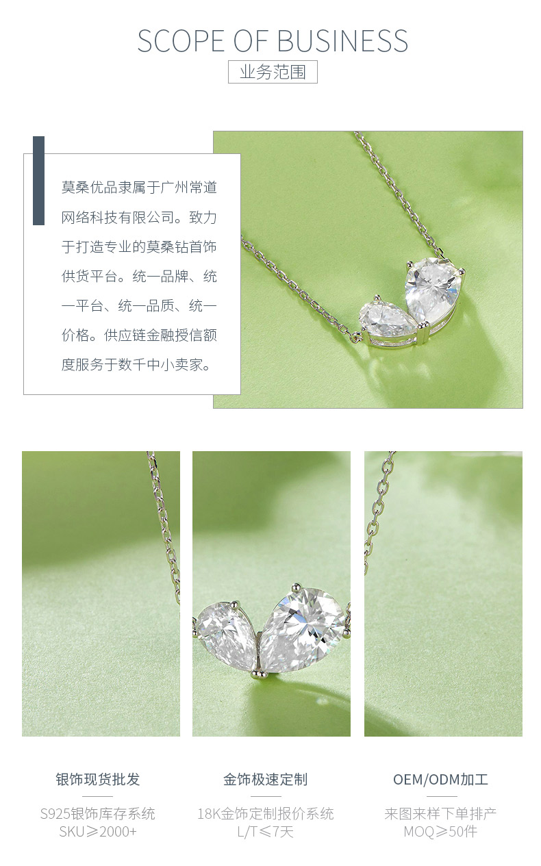 31O款S925银镀18K白金水滴形莫桑钻闪烁轻奢项链3.0CT - 3
