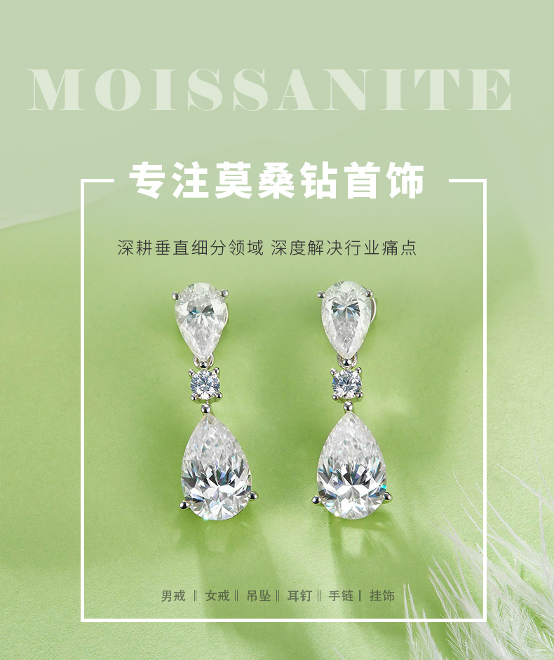 32S款S925银镀18K白金水滴形全莫桑钻闪烁奢华耳环6.16ct - 1
