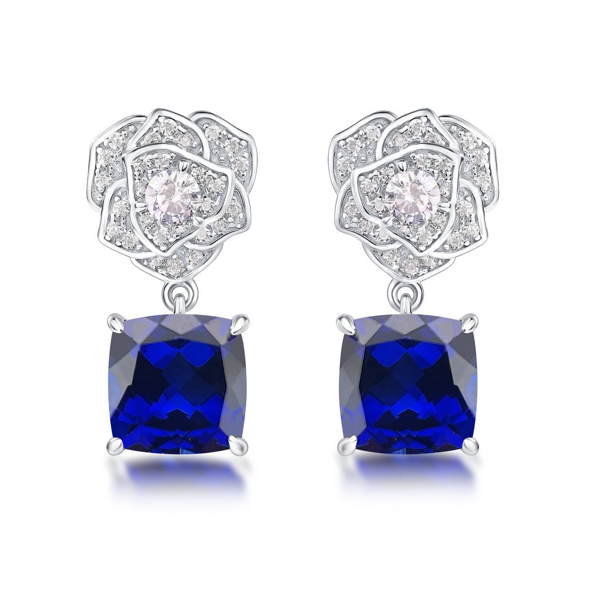 E085款S925银镀18K白金枕形培育彩宝玫瑰耳环主石8.0mm/6.0ct一对