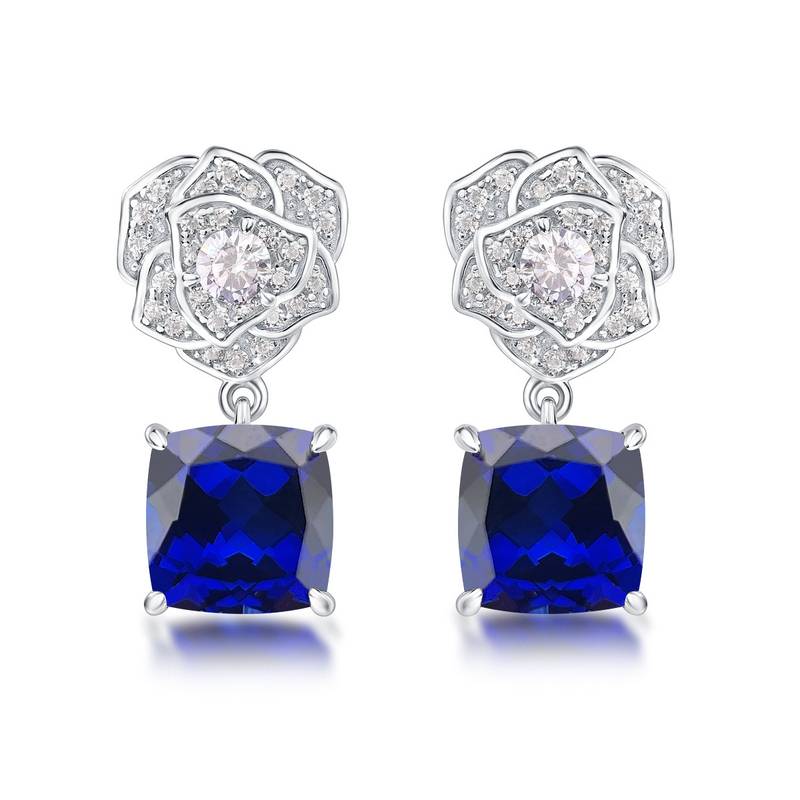 E085款S925银镀18K白金枕形培育彩宝玫瑰耳环主石8.0mm/6.0ct一对