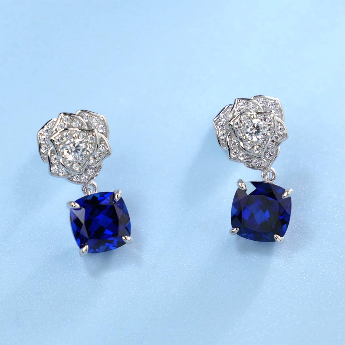 E085款S925银镀18K白金枕形培育彩宝玫瑰耳环主石8.0mm/6.0ct一对