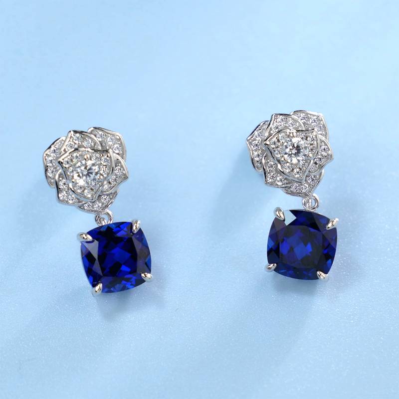 E085款S925银镀18K白金枕形培育彩宝玫瑰耳环主石8.0mm/6.0ct一对