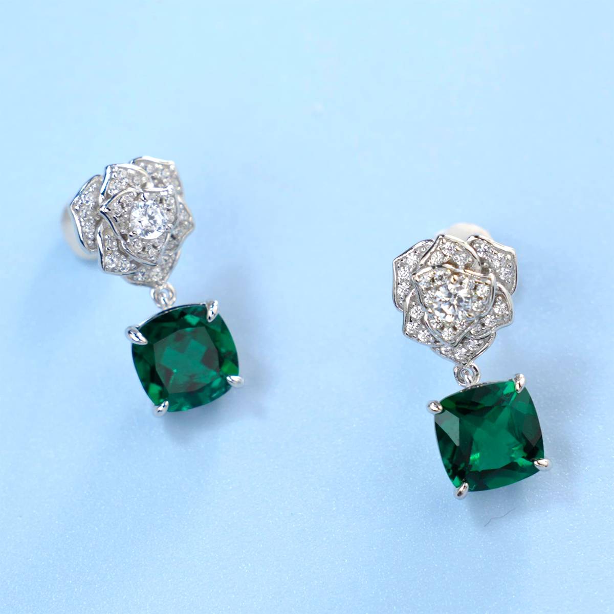 E085款S925银镀18K白金枕形培育彩宝玫瑰耳环主石8.0mm/6.0ct一对