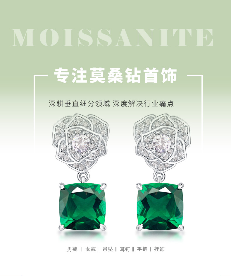 E085款S925银镀18K白金枕形培育彩宝玫瑰耳环主石8.0mm/6.0ct一对 - 1