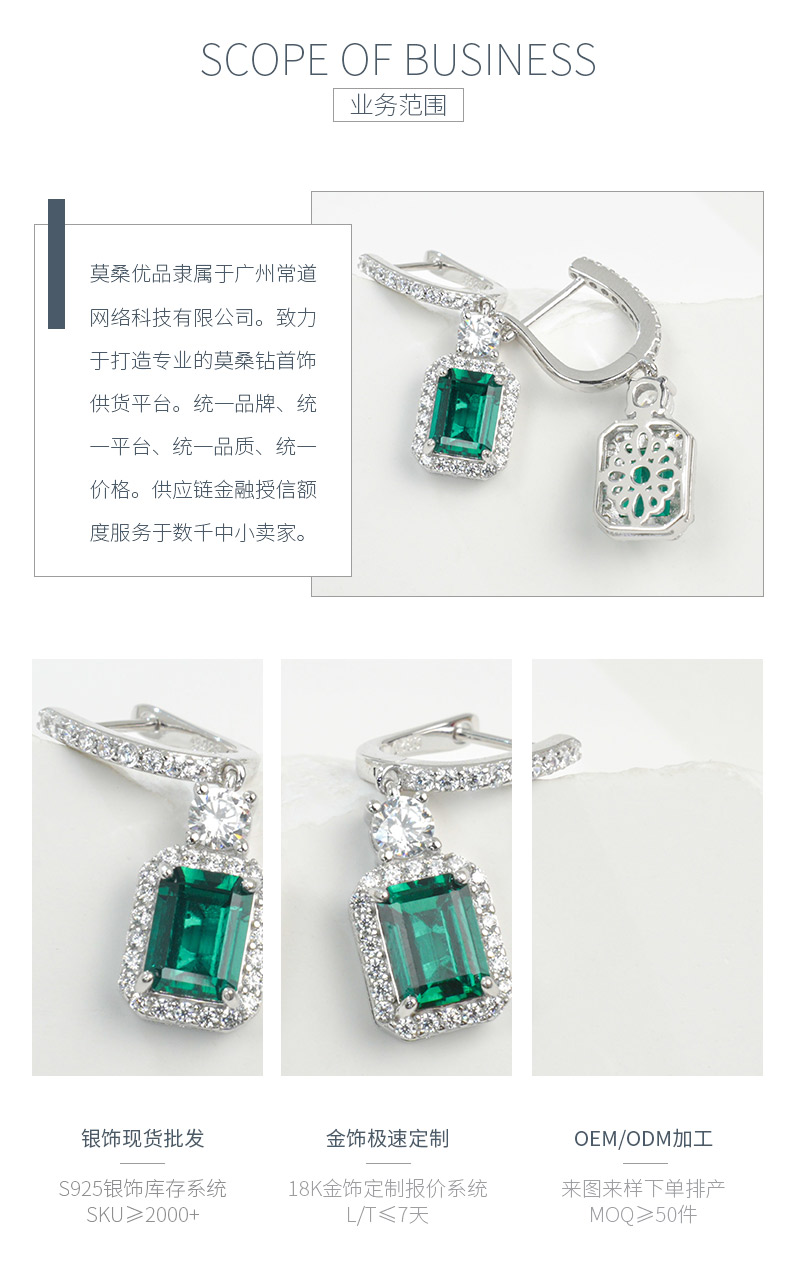 E0722款S925银镀18K白金培育彩宝简约精致耳环主石8*6mm/3.95ct一对 - 3