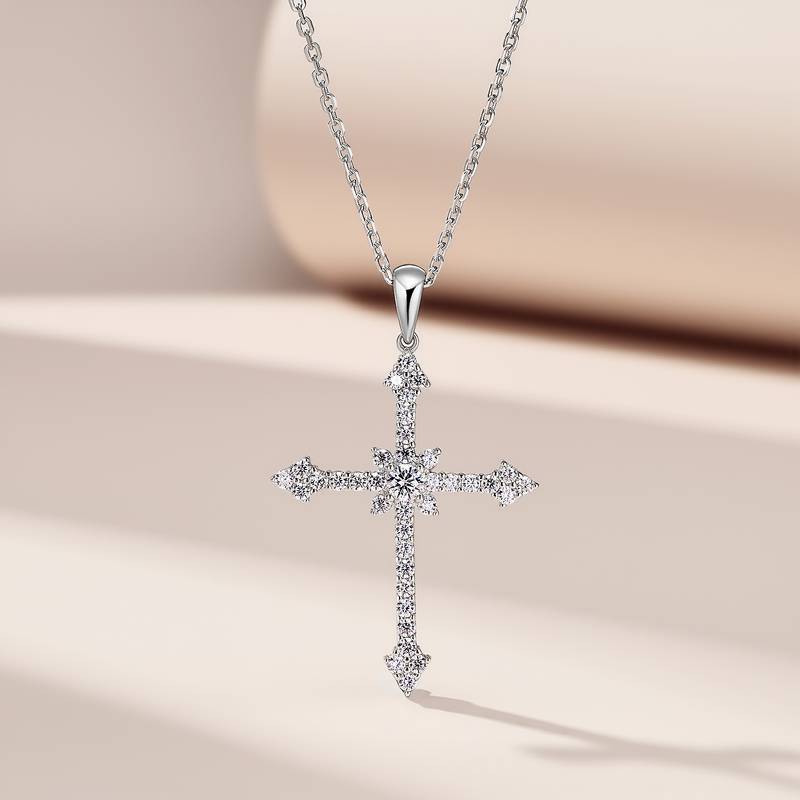 SP0523102款S925银镀18K金Moissanite十字架Necklace0.6ct