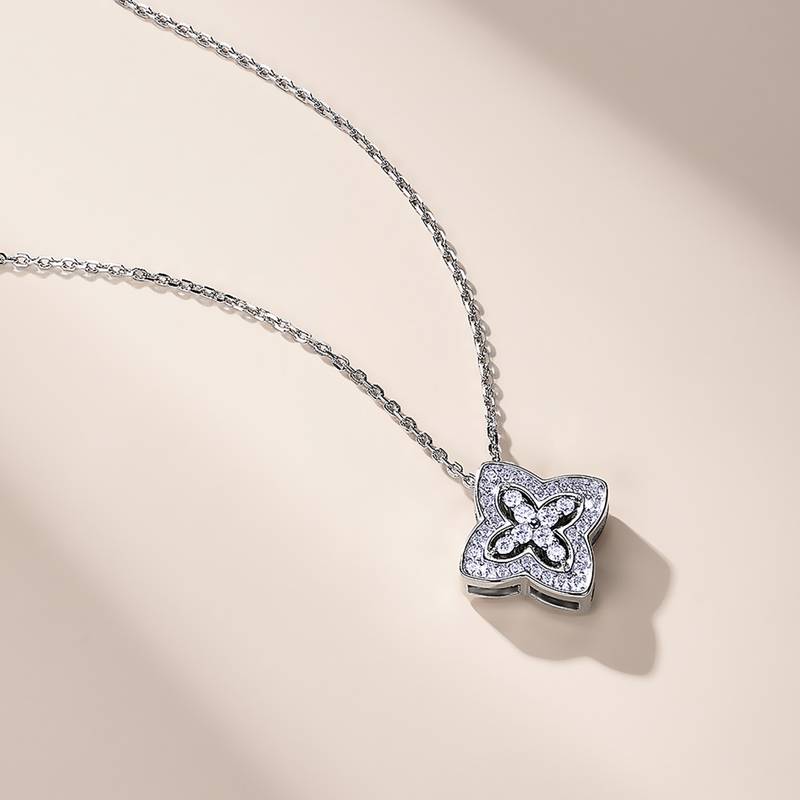 SN0249103款S925银镀18K金Moissanite双面两戴四叶花Necklace0.53ct