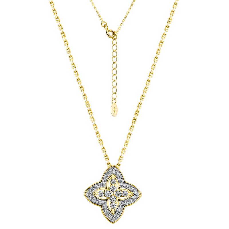 SN0249103款S925银镀18K金Moissanite双面两戴四叶花Necklace0.53ct