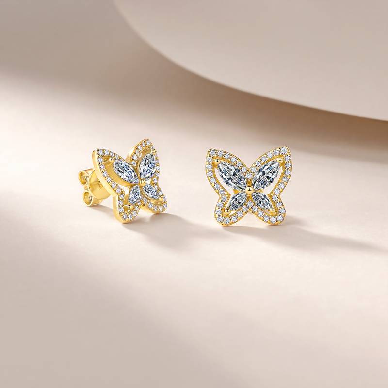 SE0761103款S925银镀18K金Moissanite蝴蝶Stud Earring2.0ct