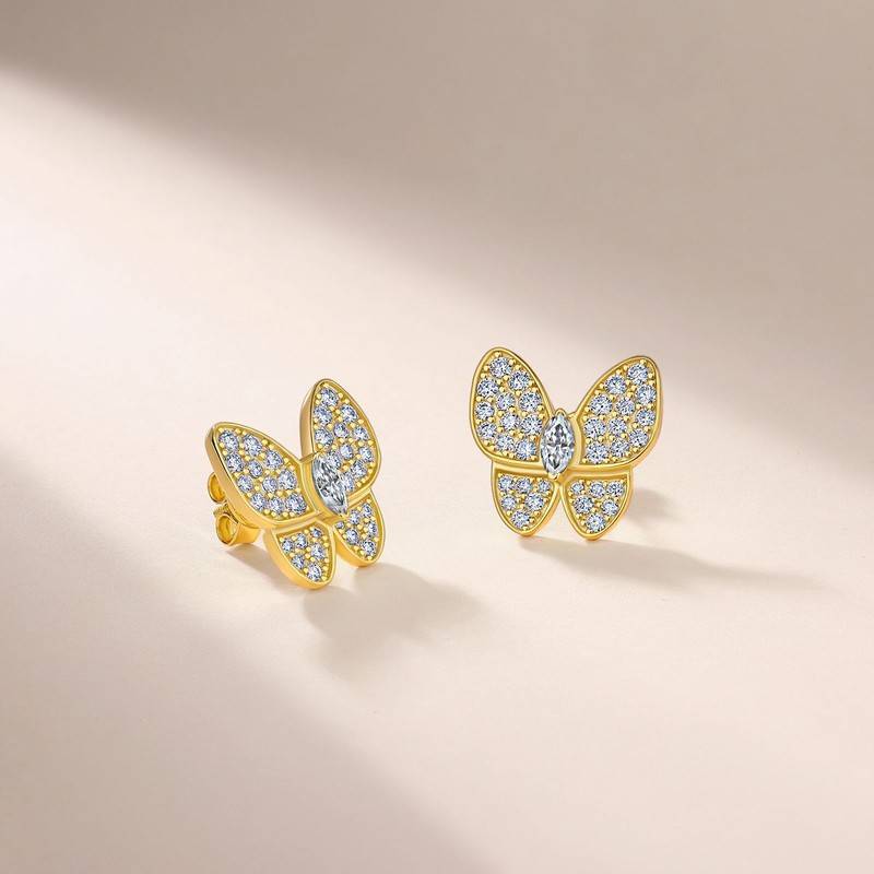 SE0739404款S925银镀18K金满镶莫桑钻蝴蝶耳钉1.5ct