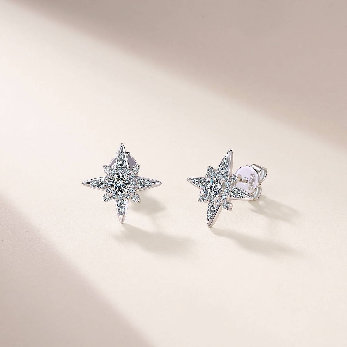 SE0757405款S925银镀18K金满镶Moissanite八芒星Stud Earring0.9ct