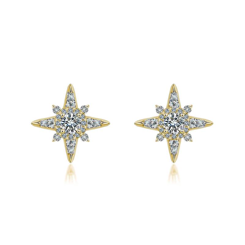 SE0757405款S925银镀18K金满镶Moissanite八芒星Stud Earring0.9ct