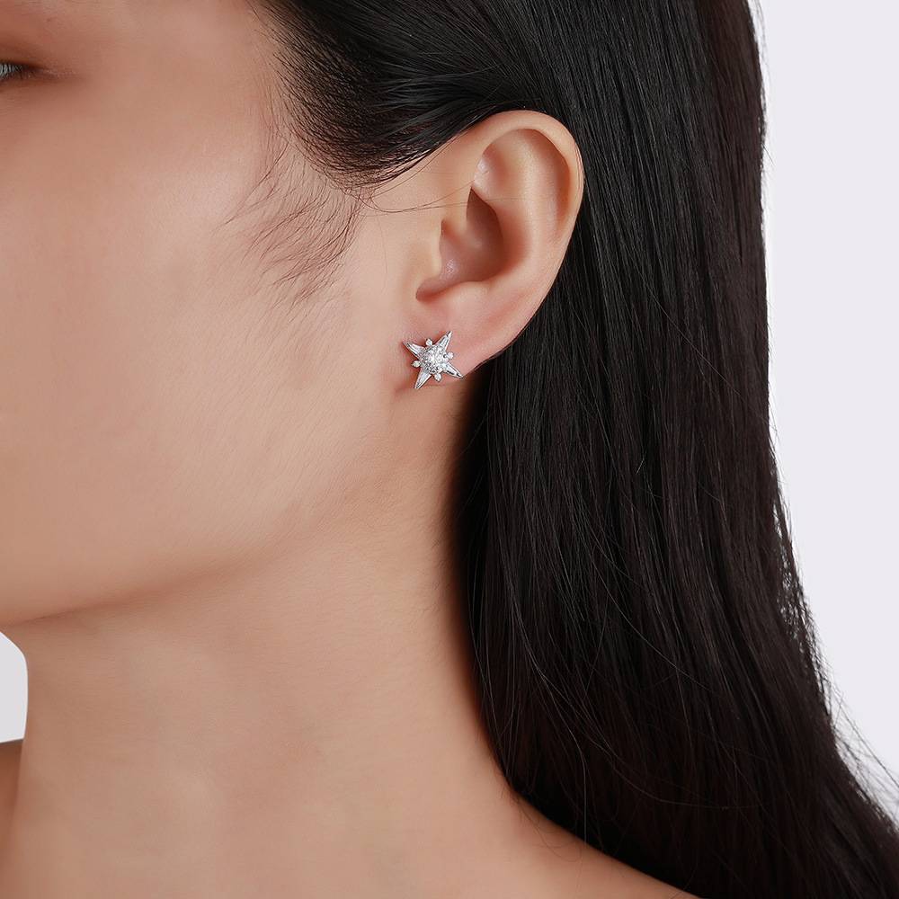 SE0757405款S925银镀18K金满镶Moissanite八芒星Stud Earring0.9ct