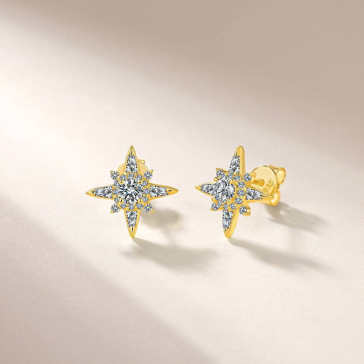 SE0757405款S925银镀18K金满镶Moissanite八芒星Stud Earring0.9ct