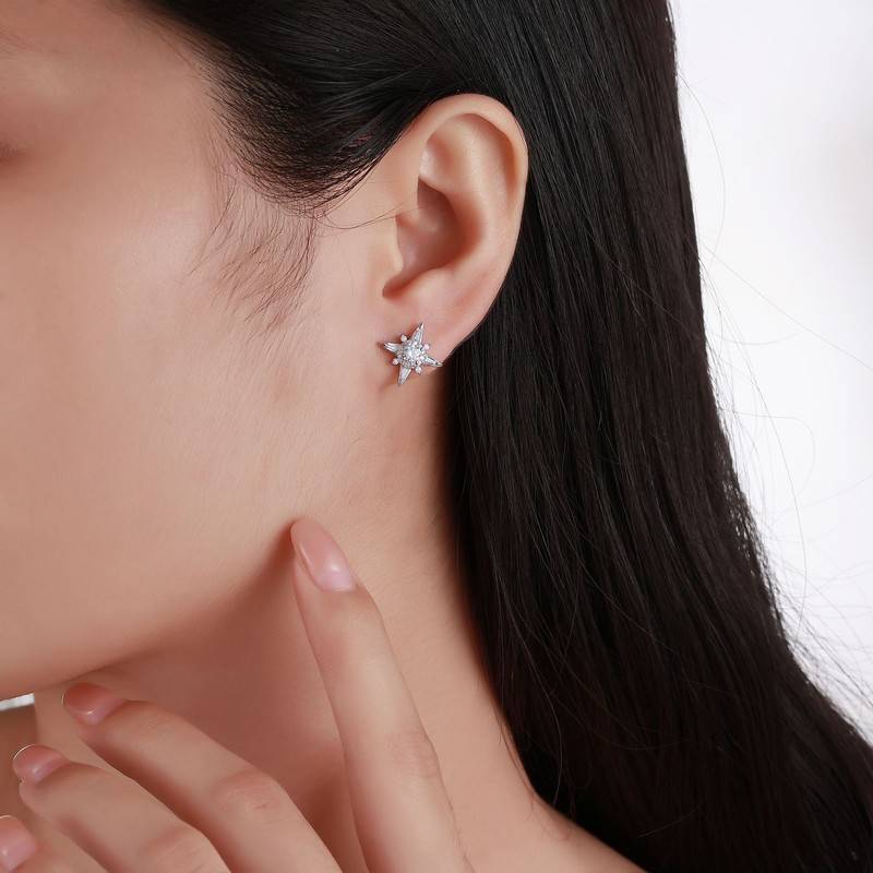 SE0757405款S925银镀18K金满镶Moissanite八芒星Stud Earring0.9ct