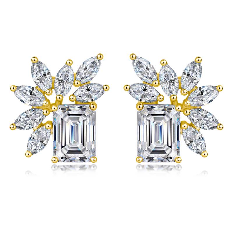 SE0743404款S925银镀18K金祖母绿切割莫桑钻轻奢耳钉6.8ct