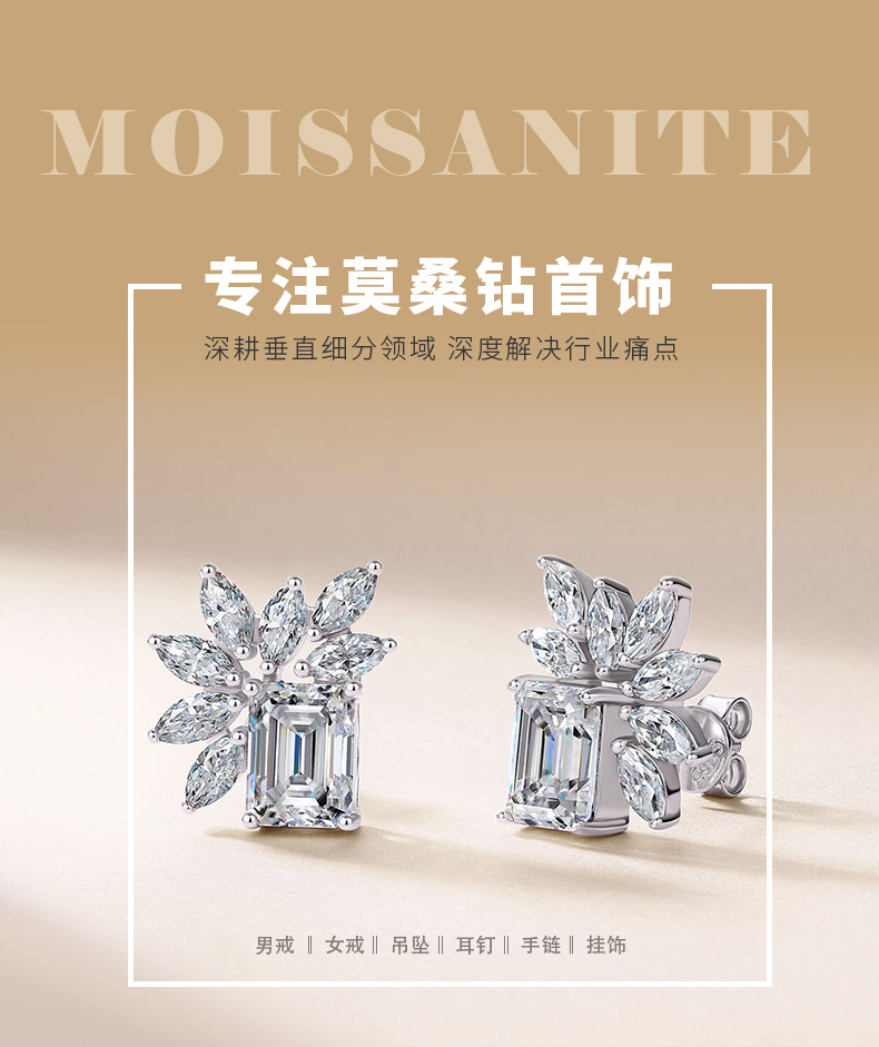 SE0743404款S925银镀18K金祖母绿切割莫桑钻轻奢耳钉6.8ct - 1