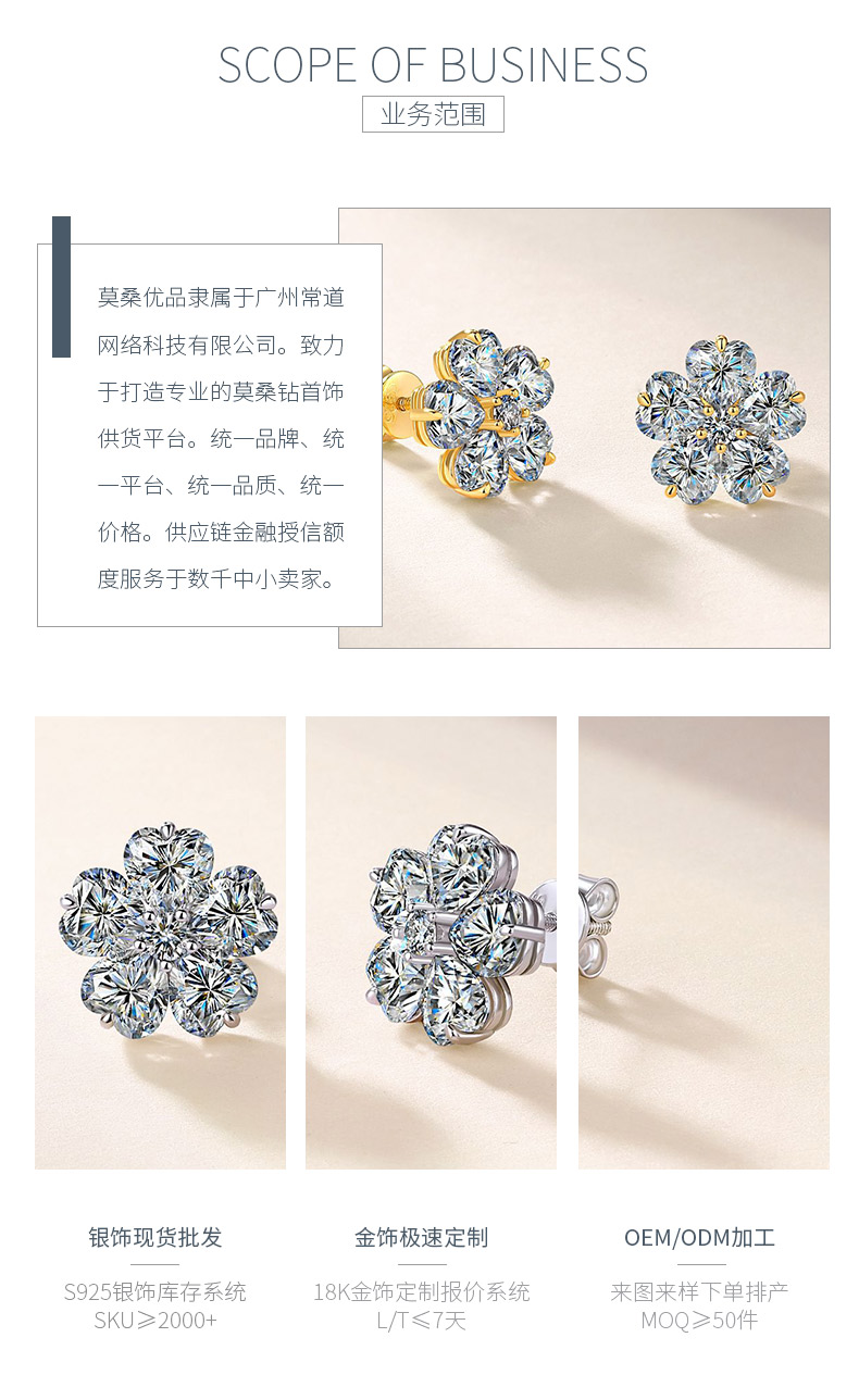 SE0758106款S925银镀18K金莫桑钻爱心花朵耳钉5.1ct - 3