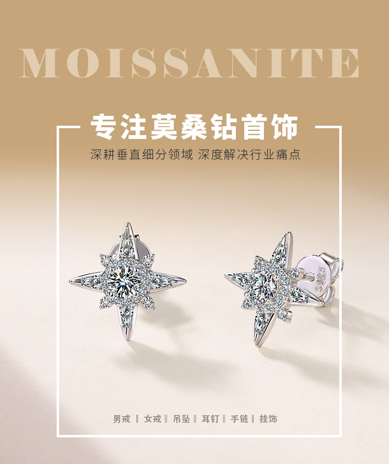 SE0757405款S925银镀18K金满镶莫桑钻八芒星耳钉0.9ct - 1