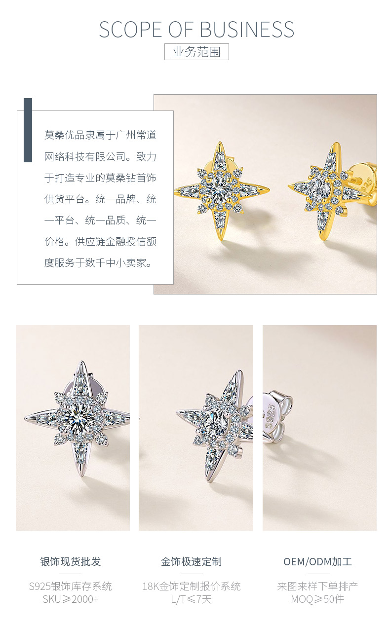 SE0757405款S925银镀18K金满镶莫桑钻八芒星耳钉0.9ct - 3