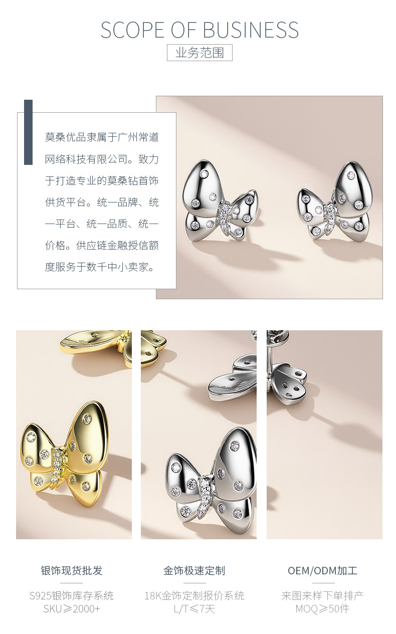 SE0602705款S925银镀18K金莫桑钻蝴蝶飞舞耳钉0.2ct - 3