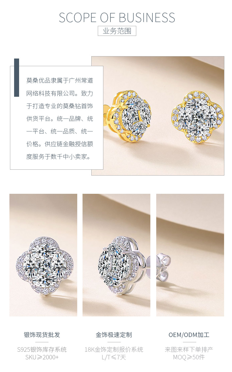 SE0758903款S925银镀18K金莫桑钻四叶草耳钉3.3ct - 3