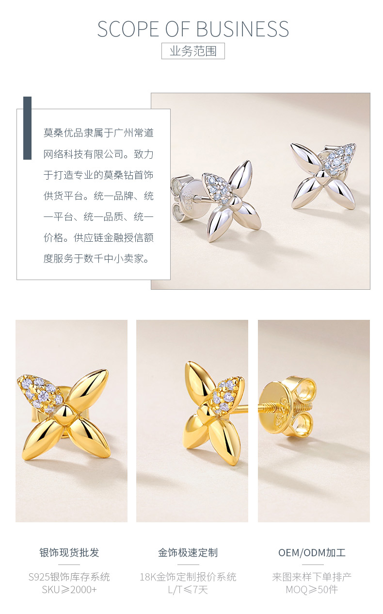 SE0752604款S925银镀18K金莫桑钻饱满立体小花耳钉0.1ct - 3