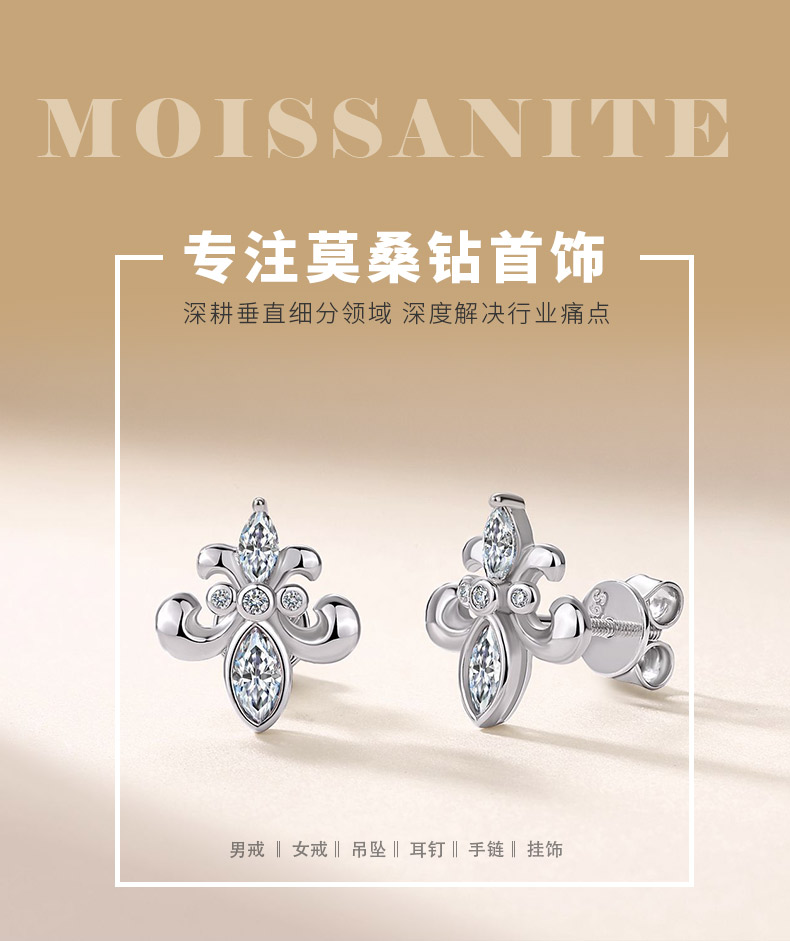 SE0757803款S925银镀18K金莫桑钻鸢尾花耳钉0.64ct - 1
