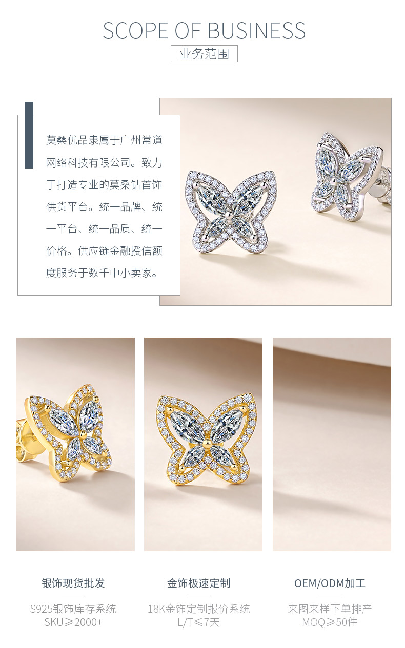 SE0761103款S925银镀18K金莫桑钻蝴蝶耳钉2.0ct - 3