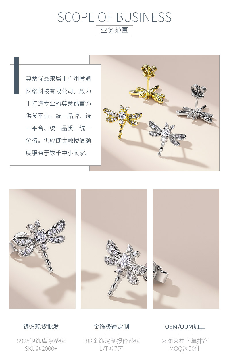 SE0737803款S925银镀18K金莫桑钻小蜻蜓耳环0.5ct - 3
