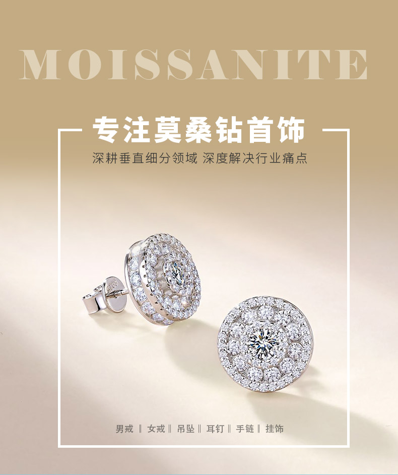 SE0754505款S925银镀18K金莫桑钻精致圆形耳钉2.64ct - 1