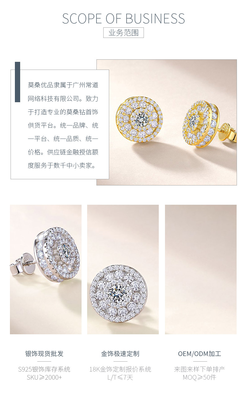 SE0754505款S925银镀18K金莫桑钻精致圆形耳钉2.64ct - 3