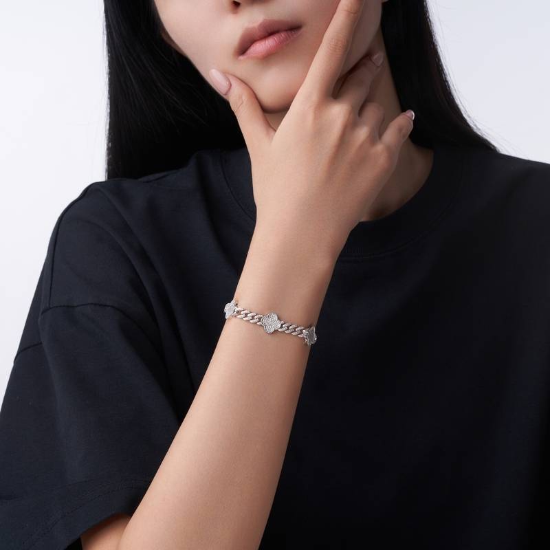 SB0288848--6mm小版款S925银镀18K金莫桑钻满钻四叶草古巴手链2.5ct