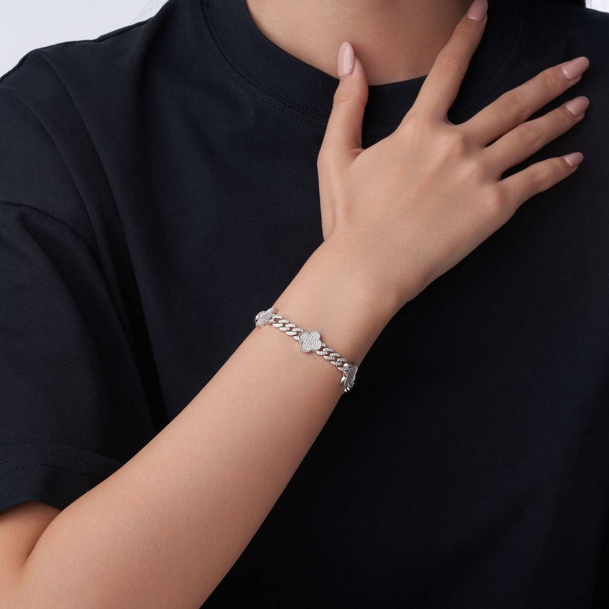 SB0288848--6mm小版款S925银镀18K金莫桑钻满钻四叶草古巴手链2.5ct