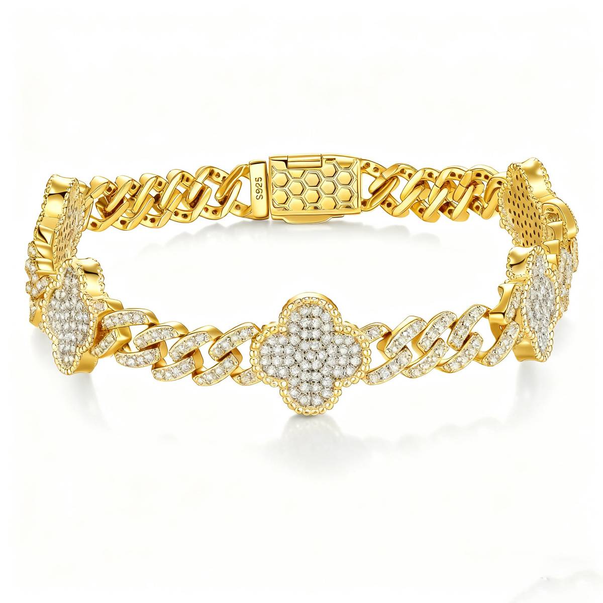 SB0288928-8.0mm款S925银镀18K金Moissanite满钻四叶草古巴Bracelet3.8ct