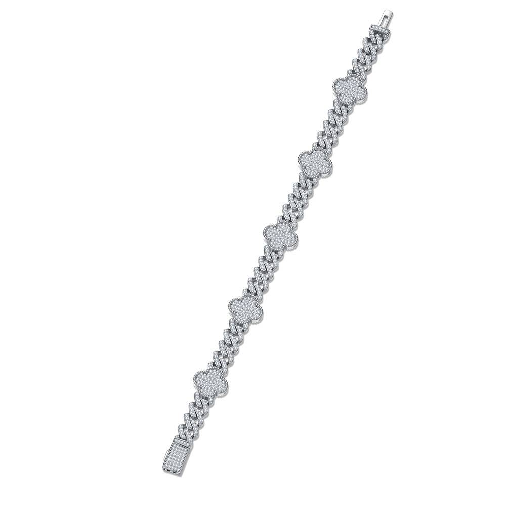SB0288848--6mm小版款S925银镀18K金莫桑钻满钻四叶草古巴手链2.5ct