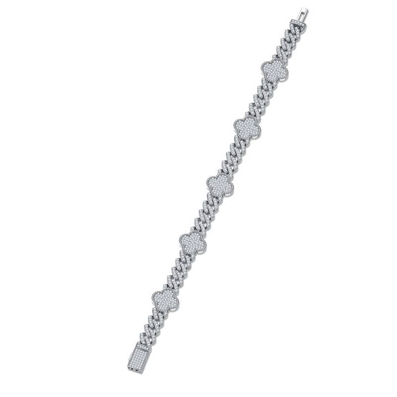 SB0288848--6mm小版款S925银镀18K金莫桑钻满钻四叶草古巴手链2.5ct