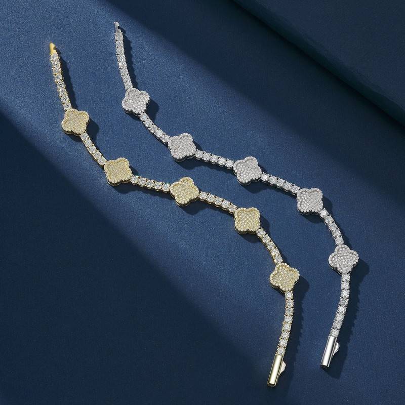 SB0302505款S925银镀18K白金Moissanite四叶草满钻Tennis Chain4.78ct