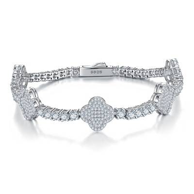 SB0302505款S925银镀18K白金莫桑钻四叶草满钻网球链4.78ct