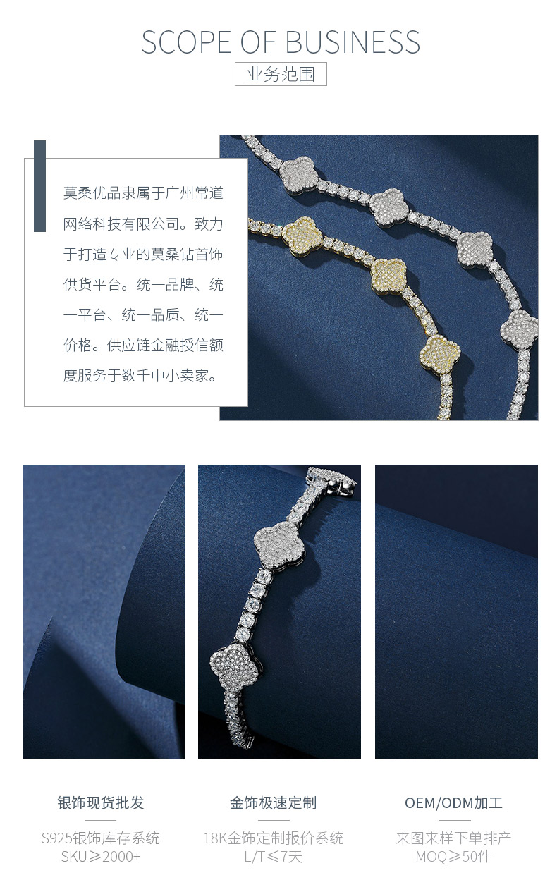 SB0302505款S925银镀18K白金莫桑钻四叶草满钻网球链4.78ct - 3