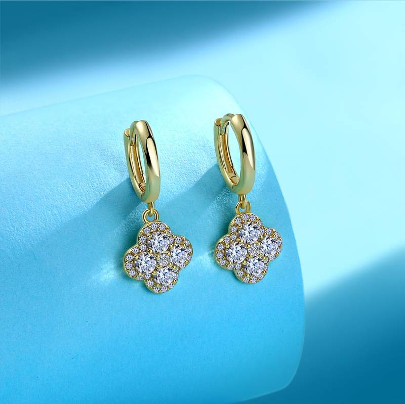 SE0611306款S925银镀18K白金Moissanite四叶草吊款耳环1.1ct