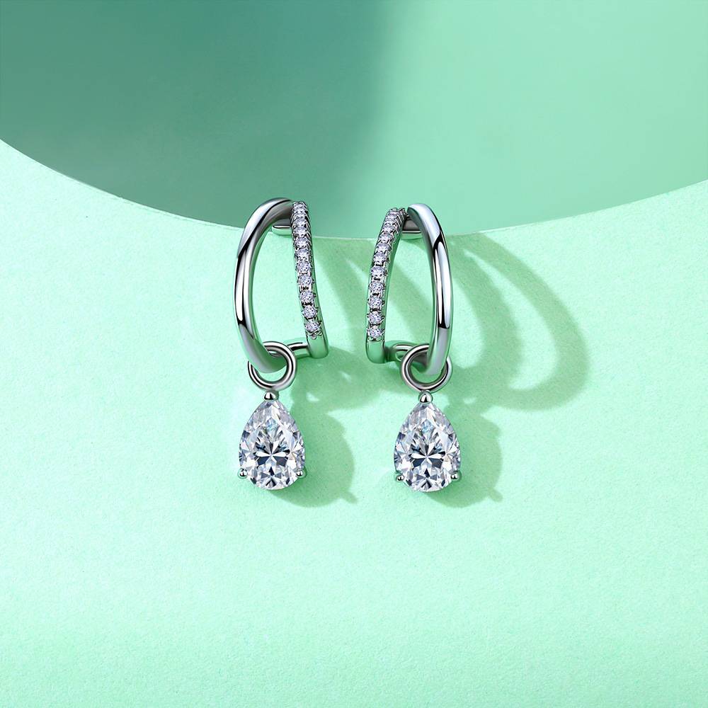 SE0713903款S925银镀18K白金水滴形莫桑钻吊款耳环1.73ct