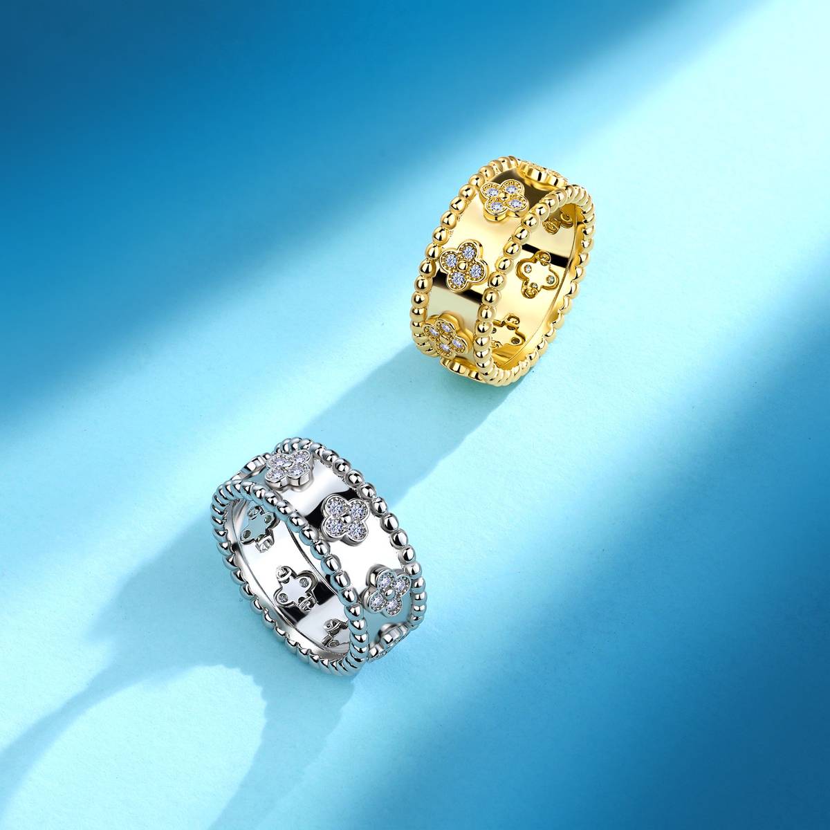 SR0532701款S925银镀18K金Moissanite幸运四叶草Ring0.32ct