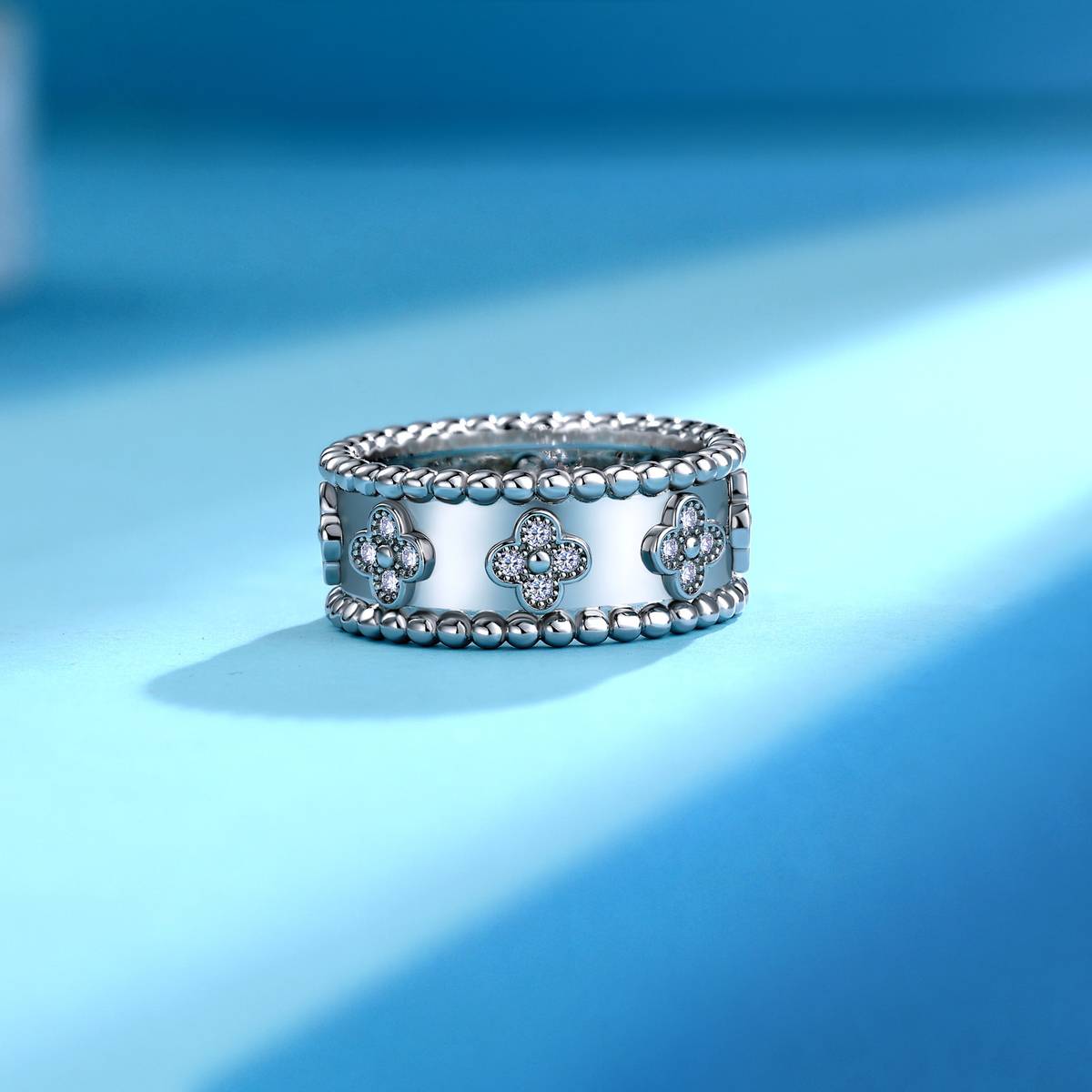SR0532701款S925银镀18K金Moissanite幸运四叶草Ring0.32ct