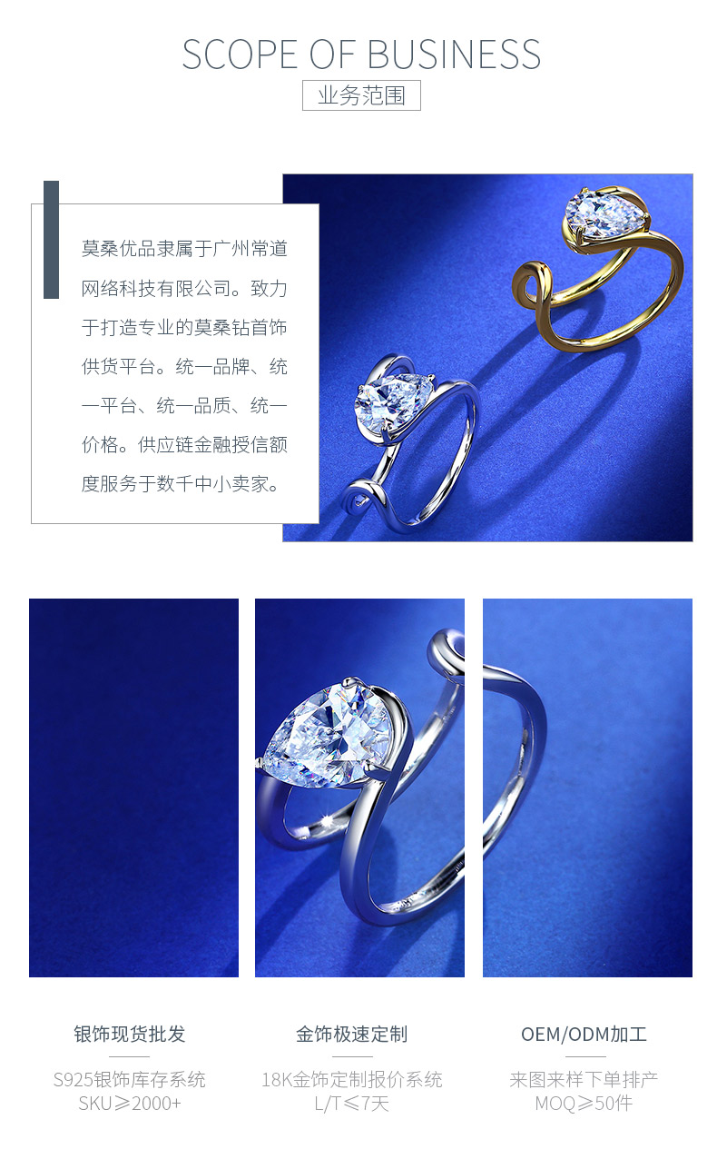 SR0688103款S925银镀18K金梨形莫桑钻开口时尚女戒主石10*7mm/2.0ct - 3