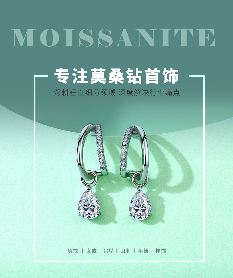 SE0713903款S925银镀18K白金水滴形莫桑钻吊款耳环1.73ct - 1