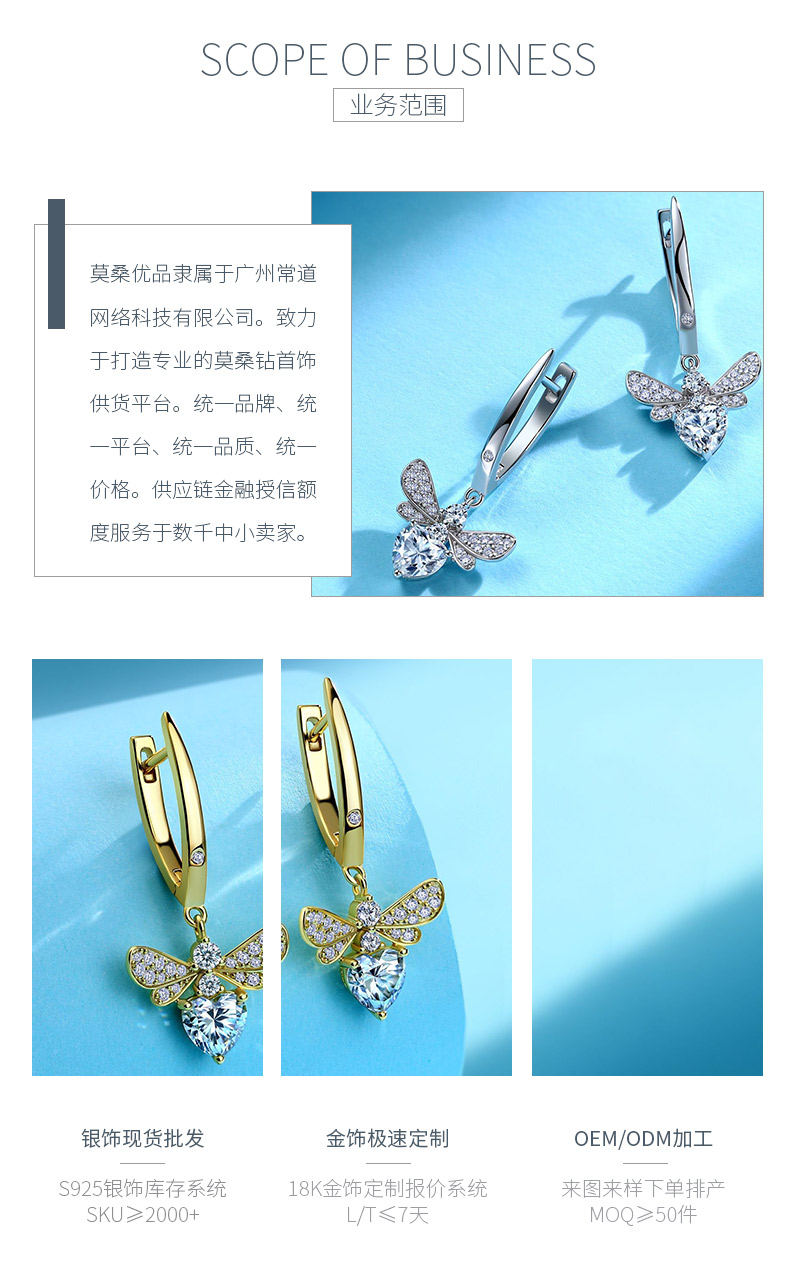 SE0617905款S925银镀18K白金莫桑钻小蜜蜂耳环2.1ct - 3