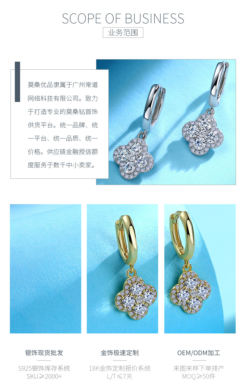 SE0611306款S925银镀18K白金莫桑钻四叶草吊款耳环1.1ct - 3