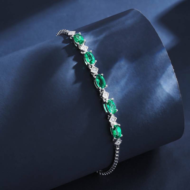 A73-B2020423款S925银镀18K白金蛋形培育祖母绿ExquisiteBracelet5*3mmmm/0.9ct